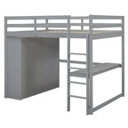Lit mezzanine en bois 2 places avec armoire intégrée, bureau, étagères de rangement et tiroirs