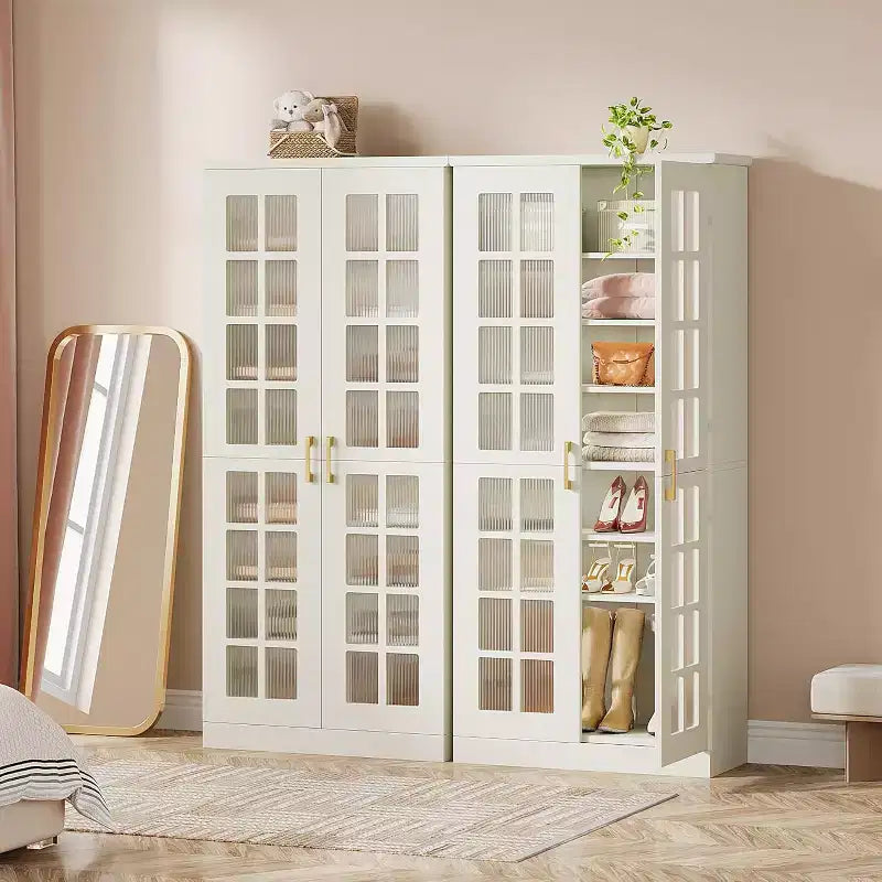 Meuble à chaussures haut Lantine avec portes, rangement à chaussures à 8 niveaux avec étagères réglables, meuble à chaussures moderne pour entrée, placard ou salon, blanc