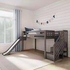 Letto basso rialzato singolo per bambini con scivolo e scaletta, in legno massello, 14 sponde di sicurezza, portata di 400 lb