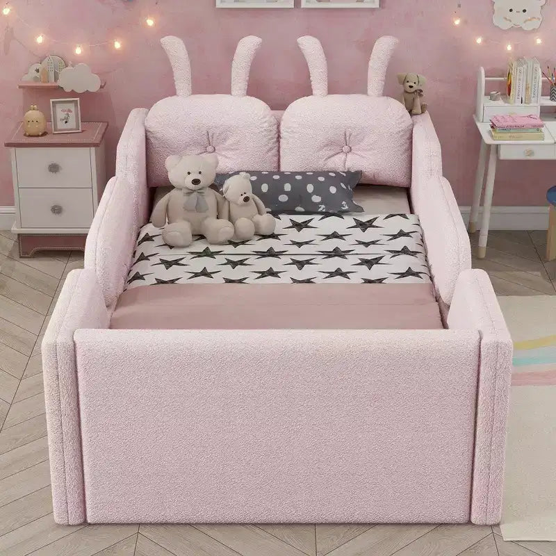 Letto a piattaforma singolo Whisen, struttura imbottita per letto a terra per bambini con cuscino a forma di coniglio e sponde laterali rimovibili