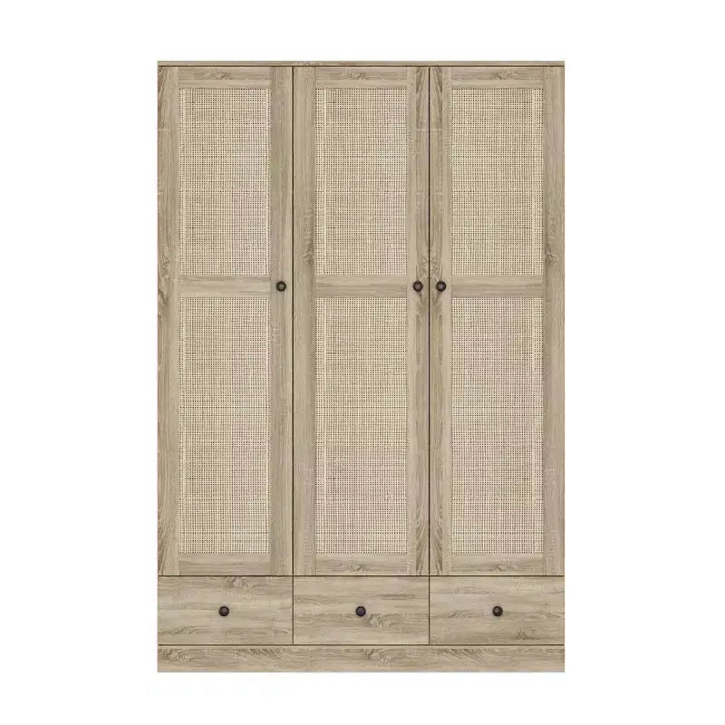 Armadio in rattan Famapy con 3 cassetti, guardaroba con 3 ante in rattan traspirante, armadio alto in stile rustico per camera da letto