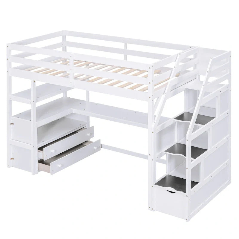 Lit mezzanine une place avec bureau et étagères, deux tiroirs intégrés et escalier de rangement