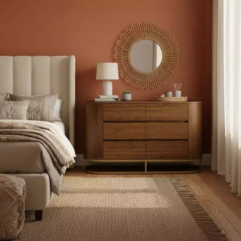 Cassettiera moderna a 6 cassetti con design a bordo vivo, base in metallo e struttura resistente in legno misto