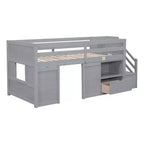 Letto soppalcato singolo Okak in legno massello con scale e spazio contenitore, letto a castello singolo basso con cassetti e ripiani, letto soppalcato multifunzionale per bambini e ragazzi