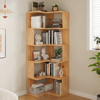 Libreria verticale in legno a forma di L con finitura naturale e schienale aperto
