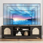 Meuble TV de style bohème de 65 pouces avec porte en rotin – meuble de divertissement en bois avec deux armoires et des étagères réglables, idéal pour les salons