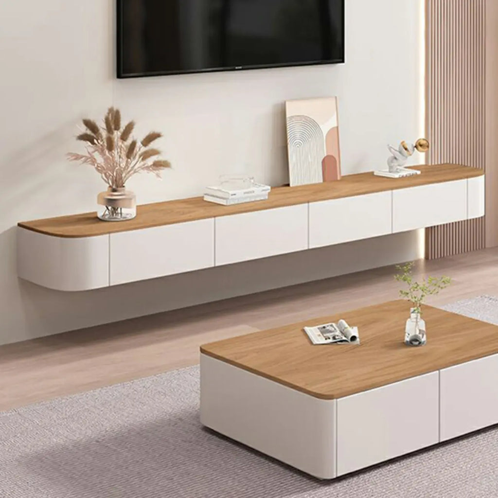 Mobile TV sospeso moderno, lungo e bianco, in legno, con cassetti