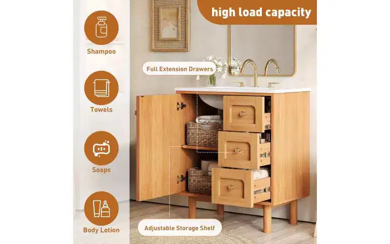 Meuble-lavabo en céramique JVNOXK de 30 po, style rustique moderne, avec 3 tiroirs et 1 grande porte à fermeture amortie, meuble de rangement à grain de bois naturel