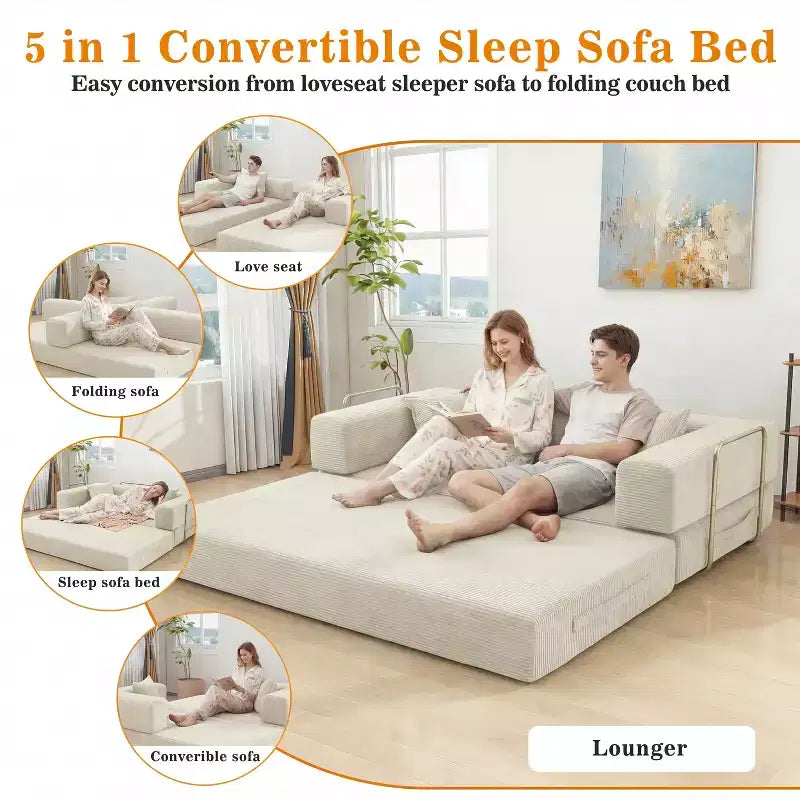 Canapé-lit pliant Dyonery 78 convertible en canapé en velours côtelé, format king, couchage au sol, 4-en-1, canapé modulaire à combiner soi-même, confortable et dépliant