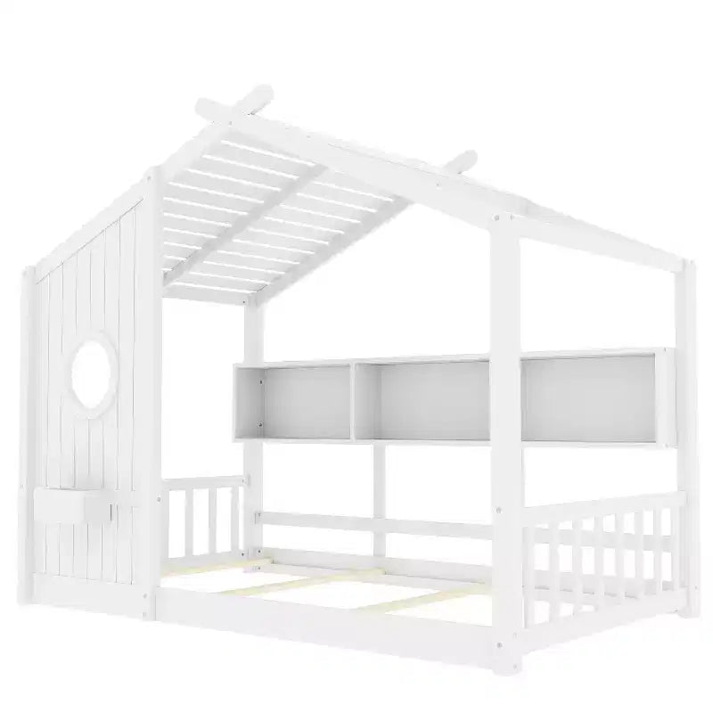 Cadre de lit plateforme en forme de maison, format une place et demie/double, lit cabane au sol pour tout-petit, lit Montessori pour enfant, lit maison de jeu avec étagère de rangement – ModernLuxe