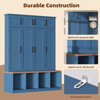 Mobile da ingresso blu in stile rustico The Misty Moon con 4 ganci appendiabiti nascosti e versatile panca in noce con 8 ante