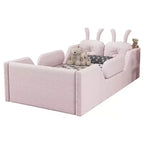 Letto a piattaforma singolo Whisen, struttura imbottita per letto a terra per bambini con cuscino a forma di coniglio e sponde laterali rimovibili