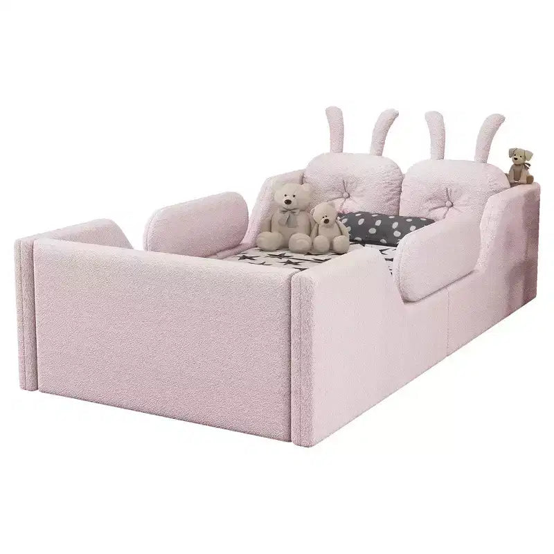 Letto a piattaforma singolo Whisen, struttura imbottita per letto a terra per bambini con cuscino a forma di coniglio e sponde laterali rimovibili