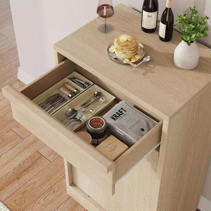 Poubelle inclinable en chêne naturel avec rangement et tiroir, meuble cache-poubelle, panier à linge pour cuisine, salle à manger et salon