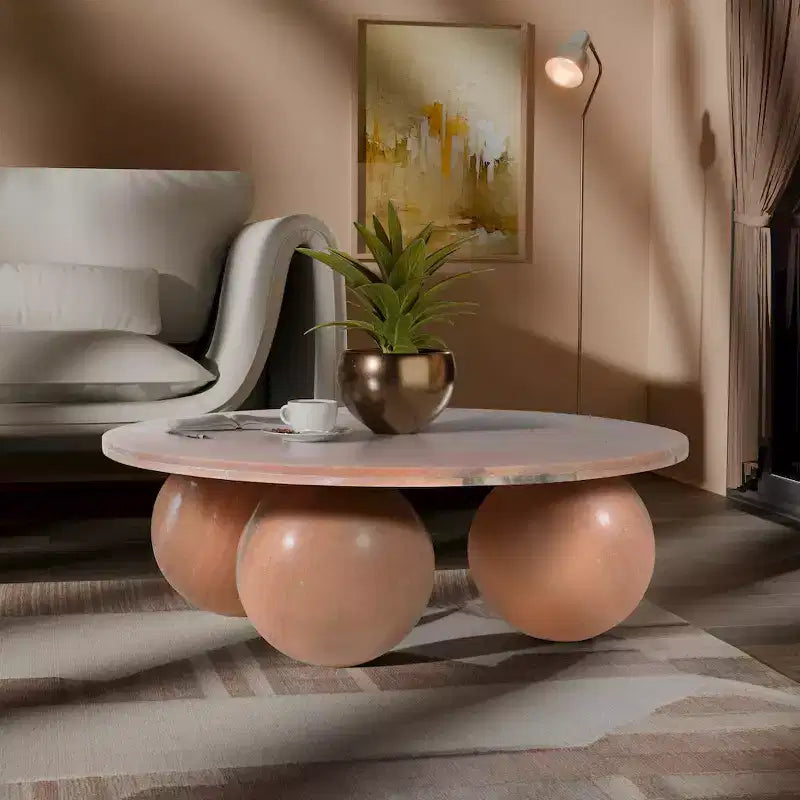 Table basse ronde en marbre avec pieds sphériques, multicolore, 4 places ??
