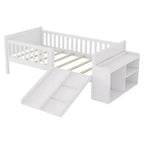 Cadre de lit mezzanine bas Whisen 1 place pour enfants avec toboggan, bibliothèque de rangement mobile et barrières de sécurité