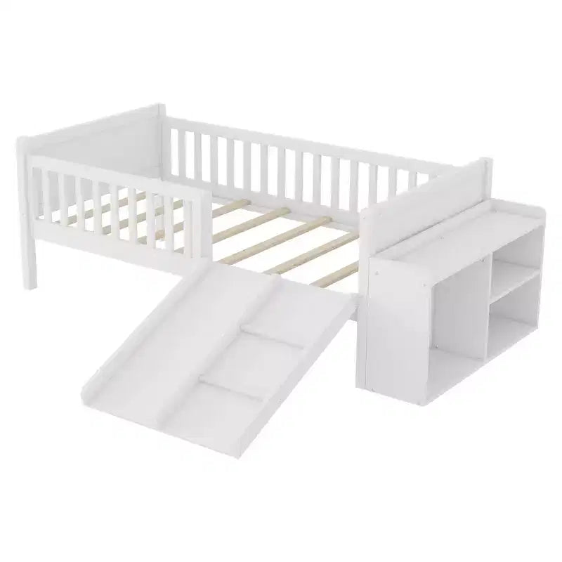 Cadre de lit mezzanine bas Whisen 1 place pour enfants avec toboggan, bibliothèque de rangement mobile et barrières de sécurité