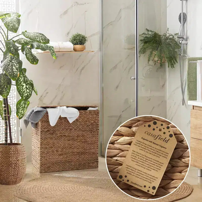 Cesto portabiancheria Casafield a 2 scomparti con coperchio e sacchetti foderati rimovibili, selezionatore in giacinto d'acqua intrecciato per i vestiti