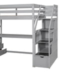 Lit mezzanine une place avec bureau et étagères, deux tiroirs intégrés et escalier de rangement