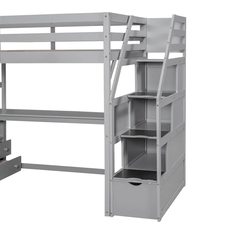Lit mezzanine une place avec bureau et étagères, deux tiroirs intégrés et escalier de rangement