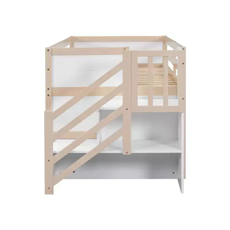 Letto soppalcato singolo Okak in legno massello con scale e spazio contenitore, letto a castello singolo basso con cassetti e ripiani, letto soppalcato multifunzionale per bambini e ragazzi