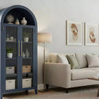 Mobiletto contenitore alto ad arco con ante in vetro, libreria espositiva a 5 ripiani con mensole regolabili per cucina o soggiorno