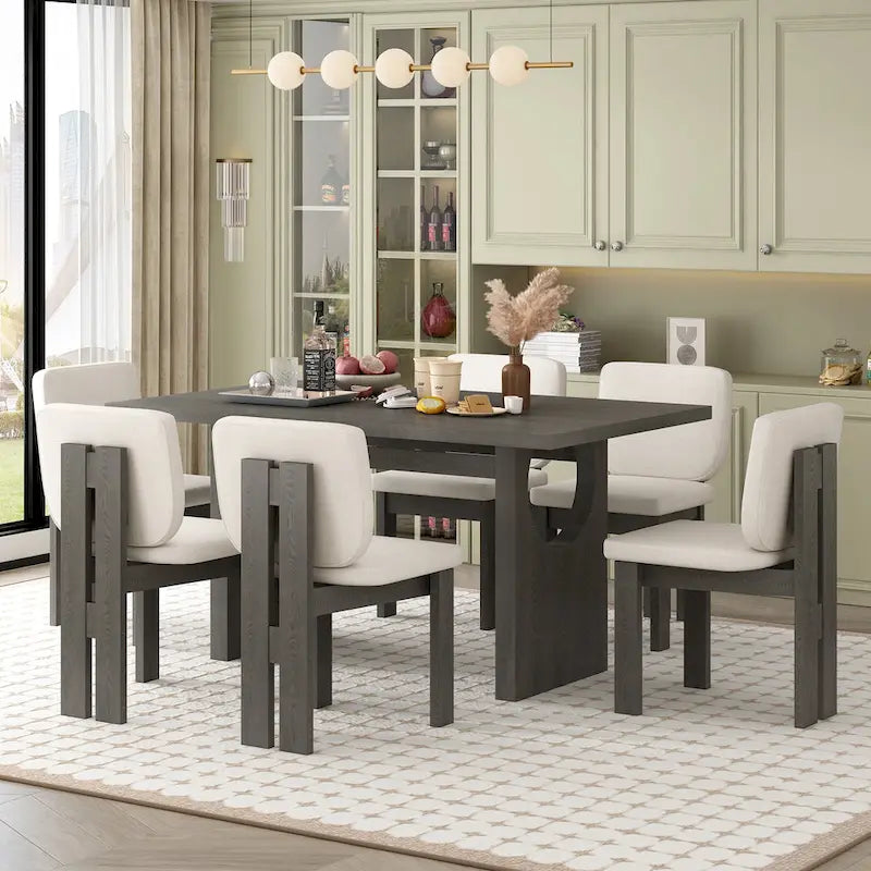 Eetkamerset met tafel en 6 stoelen, 7 delen, massief houten keukentafel met rechthoekig tafelblad, ontworpen schraagonderstel en 6 gestoffeerde stoelen