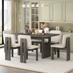 Eetkamerset met tafel en 6 stoelen, 7 delen, massief houten keukentafel met rechthoekig tafelblad, ontworpen schraagonderstel en 6 gestoffeerde stoelen