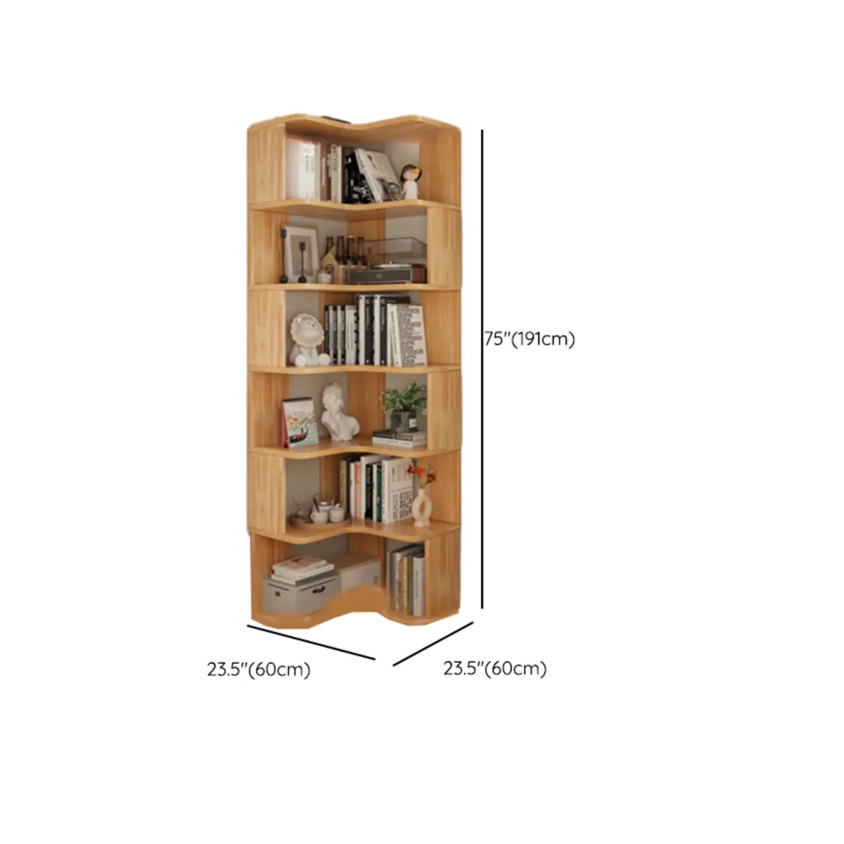 Libreria verticale in legno a forma di L con finitura naturale e schienale aperto