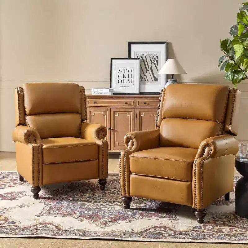 Set di 2 poltrone reclinabili moderne Elisabete con schienale ad ali in vera pelle e borchie decorative vintage per soggiorno e camera da letto| ART OF LIVING DESIGNS