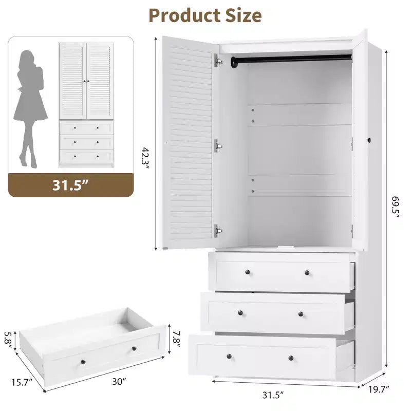 Armadio guardaroba COZONY con 3 cassetti e 2 ante, mobile guardaroba moderno in legno per camera da letto, armadio indipendente bianco resistente