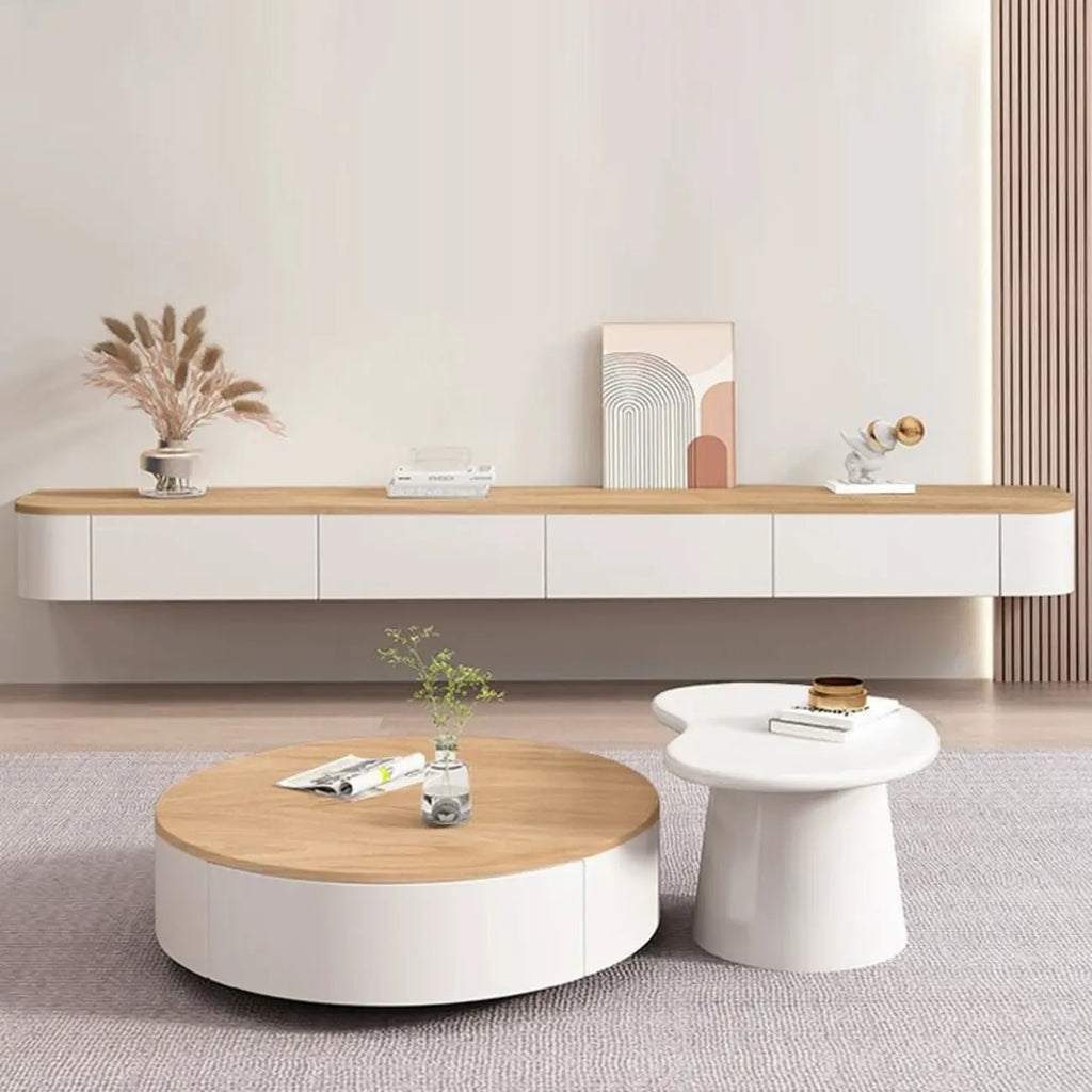 Mobile TV sospeso moderno, lungo e bianco, in legno, con cassetti
