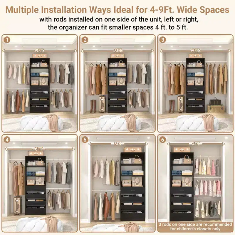 Système d’organisation de dressing en bois Besiost de 4 à 9 pieds avec 4 tiroirs, 4 tringles et des colonnes d’étagères