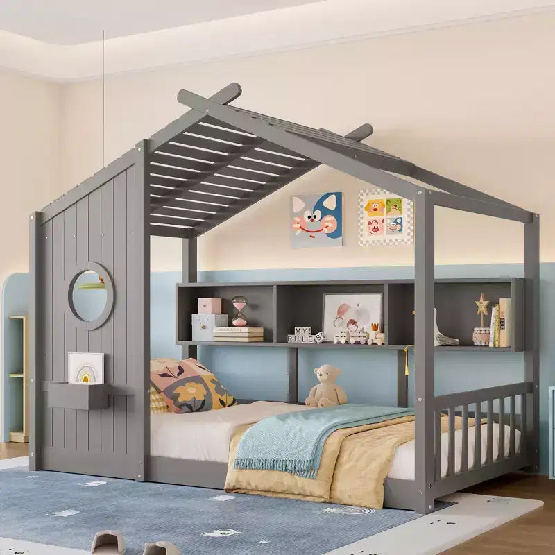 Cadre de lit plateforme en forme de maison, format une place et demie/double, lit cabane au sol pour tout-petit, lit Montessori pour enfant, lit maison de jeu avec étagère de rangement – ModernLuxe