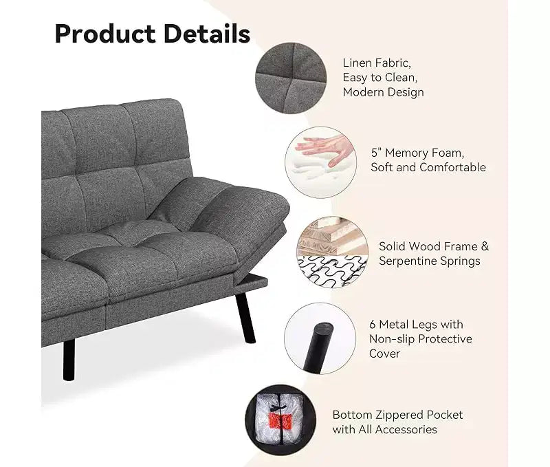 Canapé futon convertible en lit avec dossier réglable et accoudoirs amovibles
