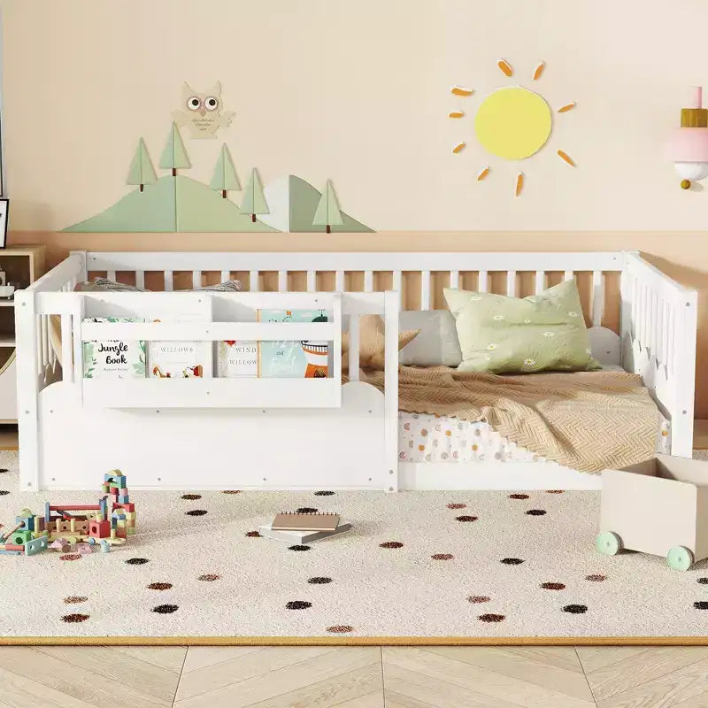 Lit cabane Montessori simple en bois Bellemave pour enfants, avec barrière surélevée et bibliothèque, pour filles et garçons
