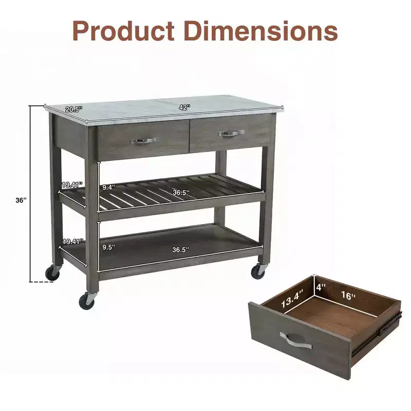 Desserte de cuisine roulante avec plateau en marbre, îlot de cuisine en bois massif avec 2 tiroirs, chariot de cuisine à 3 niveaux avec roulettes amovibles verrouillables et porte-serviettes
