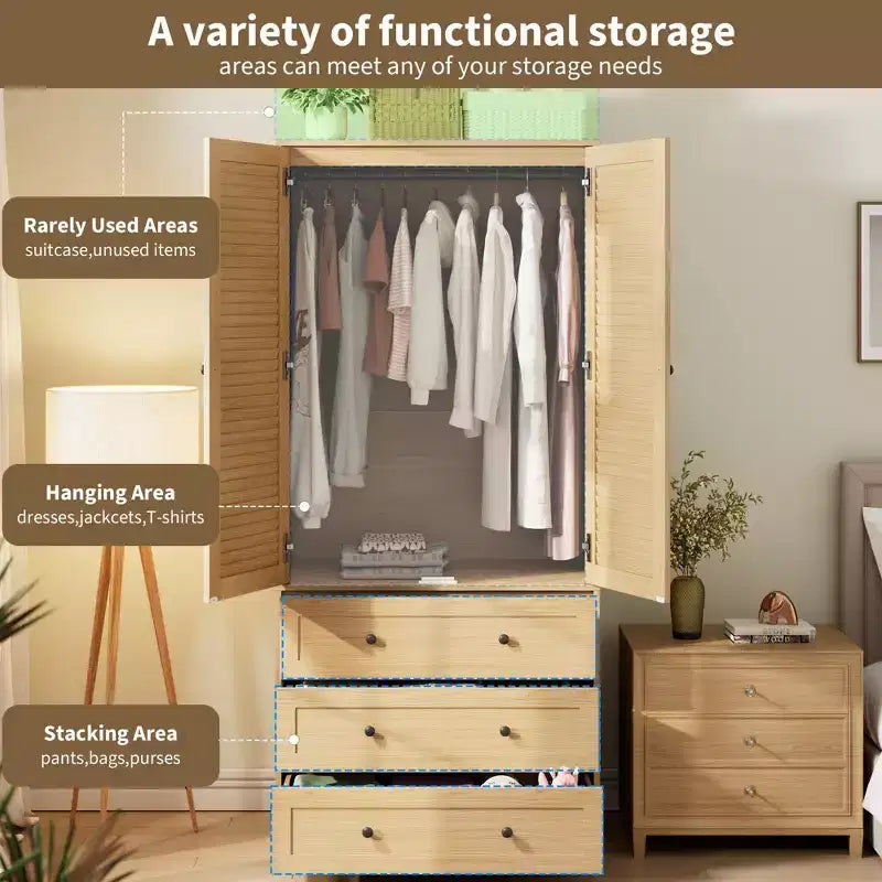 Armadio guardaroba COZONY con 3 cassetti e 2 ante, mobile guardaroba moderno in legno per camera da letto, armadio indipendente bianco resistente