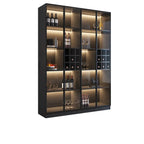 Credenza portabottiglie minimalista in legno nero con anta in vetro