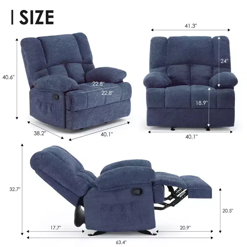 Fauteuil inclinable à bascule bleu surdimensionné avec revêtement en chenille