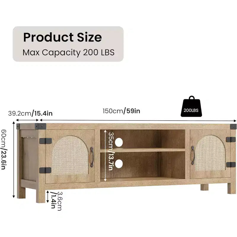 Meuble TV de style bohème de 65 pouces avec porte en rotin – meuble de divertissement en bois avec deux armoires et des étagères réglables, idéal pour les salons