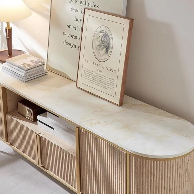 Modern Luxury TV Stand, Entertainment Cente, with Faux Marble Top