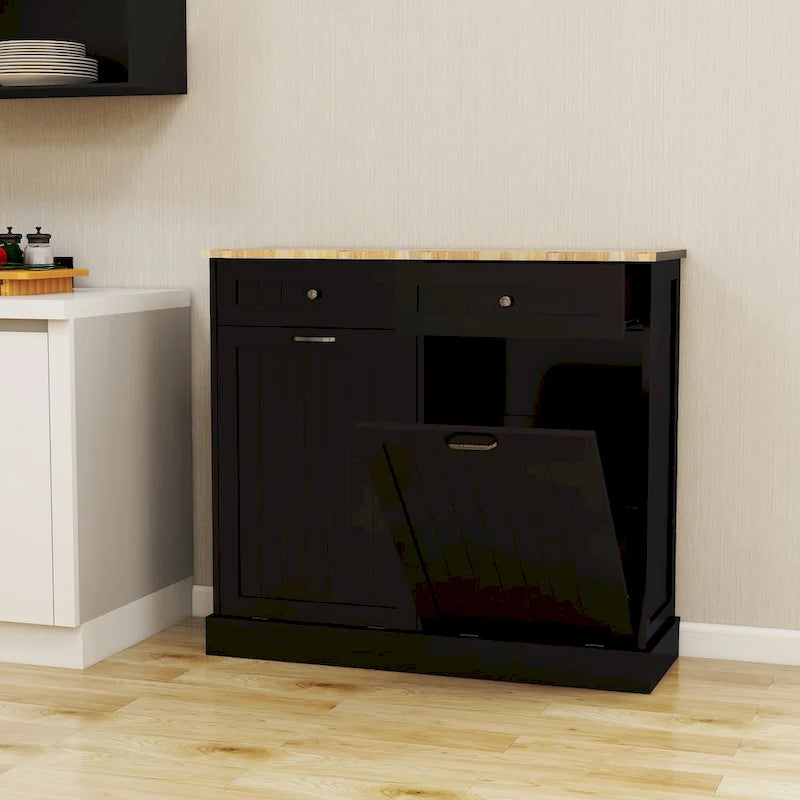 Mobiletto da cucina per rifiuti con due cassetti e due vani ribaltabili, nero