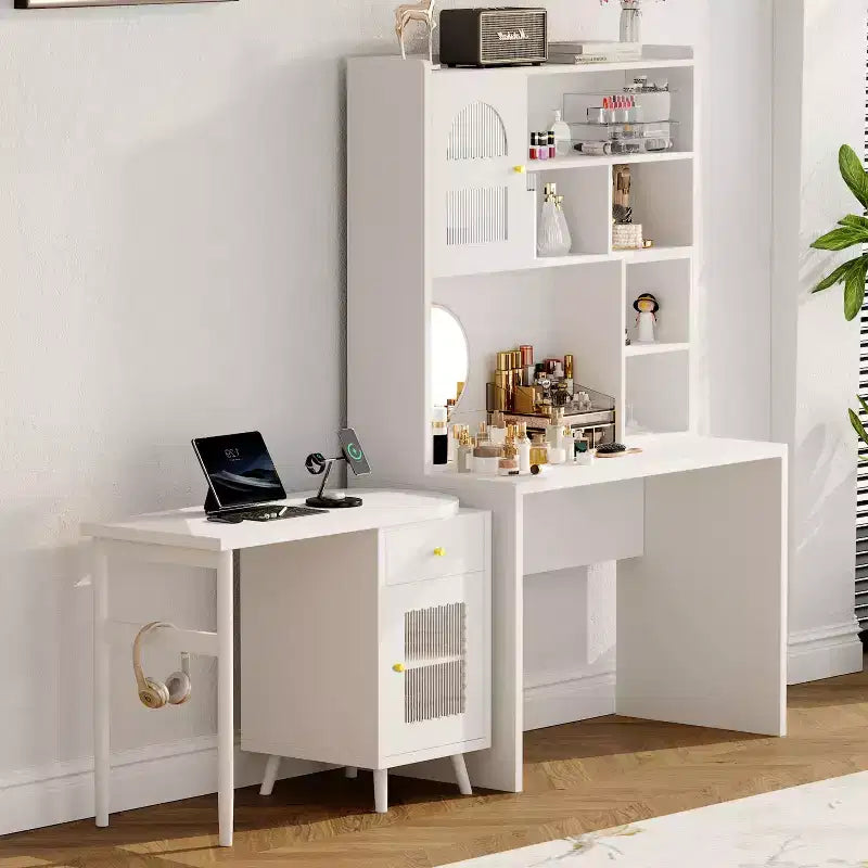 Scrivania moderna in legno per home office Okak con piano/sedia e libreria, scrivania da studio con spazio per adolescenti e studenti, per studio e ufficio
