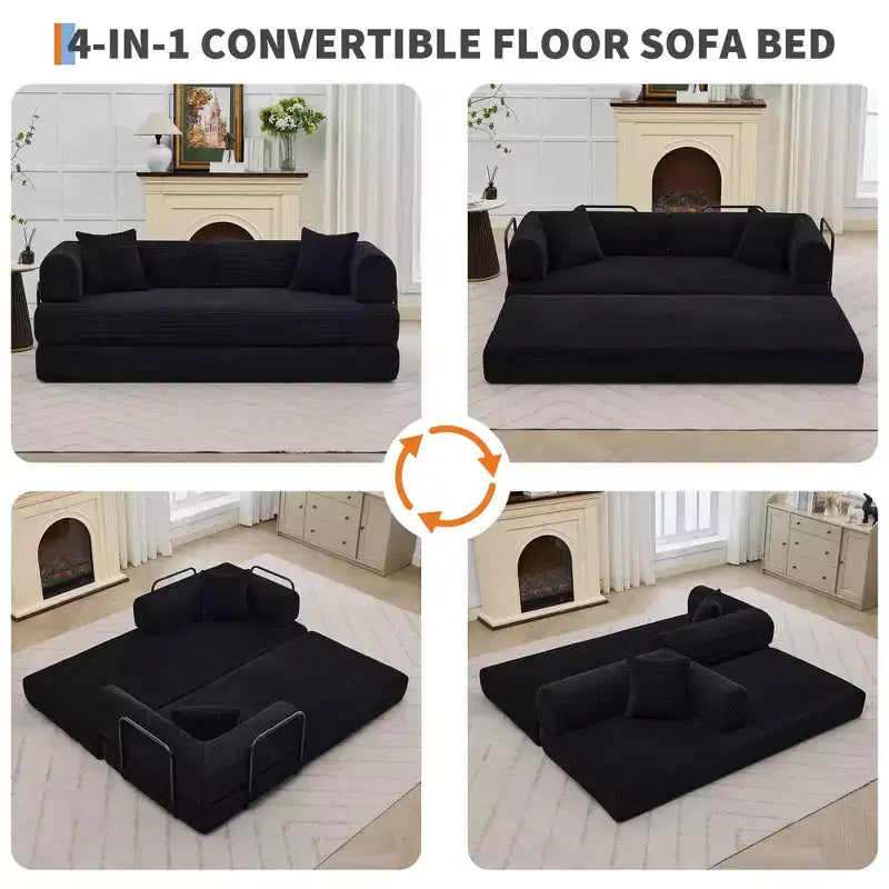 Canapé-lit convertible 4-en-1, matelas de sol pliant en velours côtelé sans cadre de 79 pouces avec oreiller, causeuse sans assemblage pour petit appartement