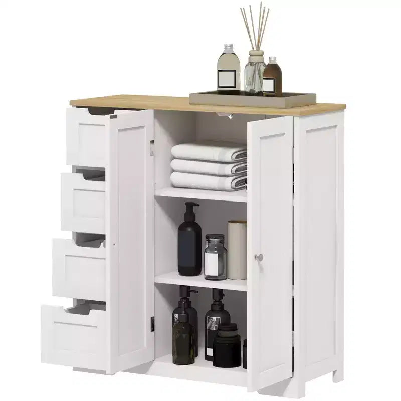 HOMCOM Mobiletto da bagno da pavimento con ripiano regolabile, mobile contenitore da bagno indipendente con 4 cassetti e 2 ante, bianco