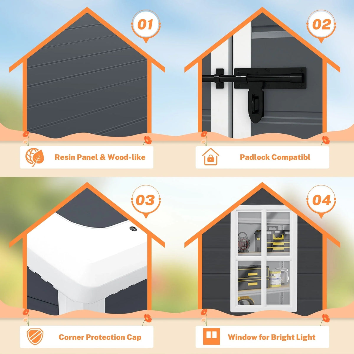 Abri de rangement extérieur en plastique et résine tout temps avec plancher, remise à outils Spire, 6 pi x 4 pi/6 pi x 8 pi/8 pi x 6 pi/8 pi x 10 pi