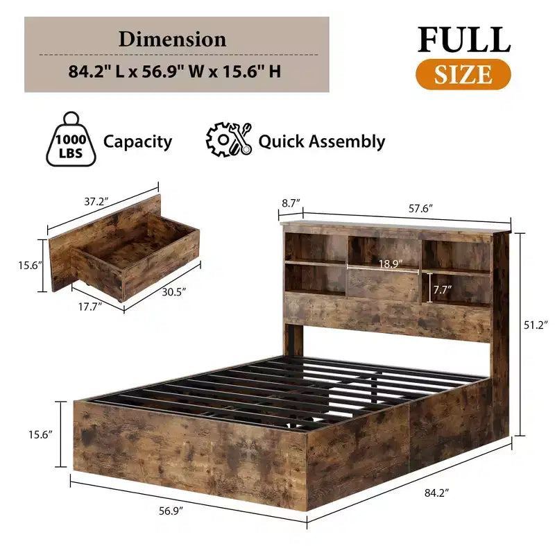 Eenpersoonsbedframe met opberghoofdbord, houten bedframe met 4 laden, boekenkast voor opbergruimte en kingsize platformbed met stevige metalen ondersteuning