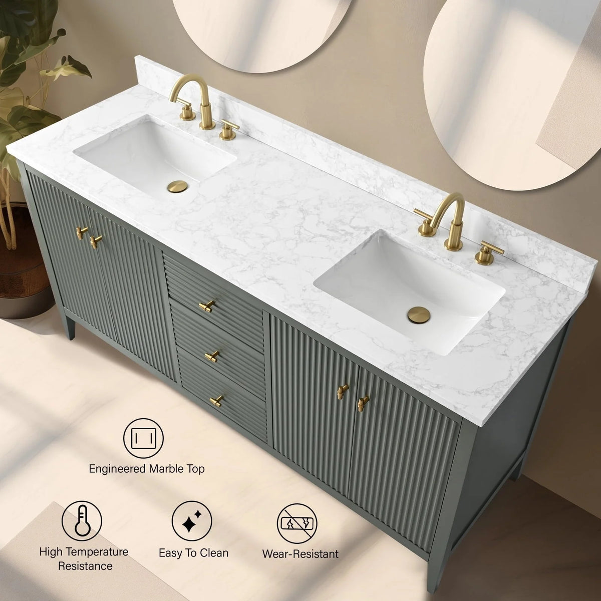 Meuble-lavabo Vanity Art 72 à double vasque avec plateau en marbre reconstitué