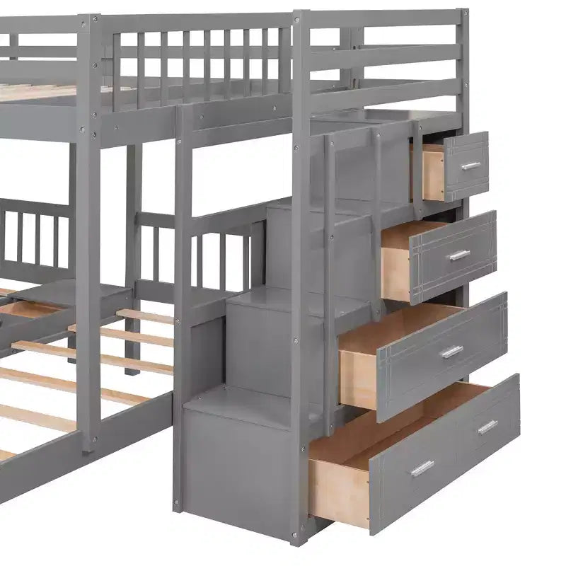 Lit superposé Whisen avec lit double au-dessus de deux lits une place, lit superposé triple en bois avec tiroirs et barrières de sécurité